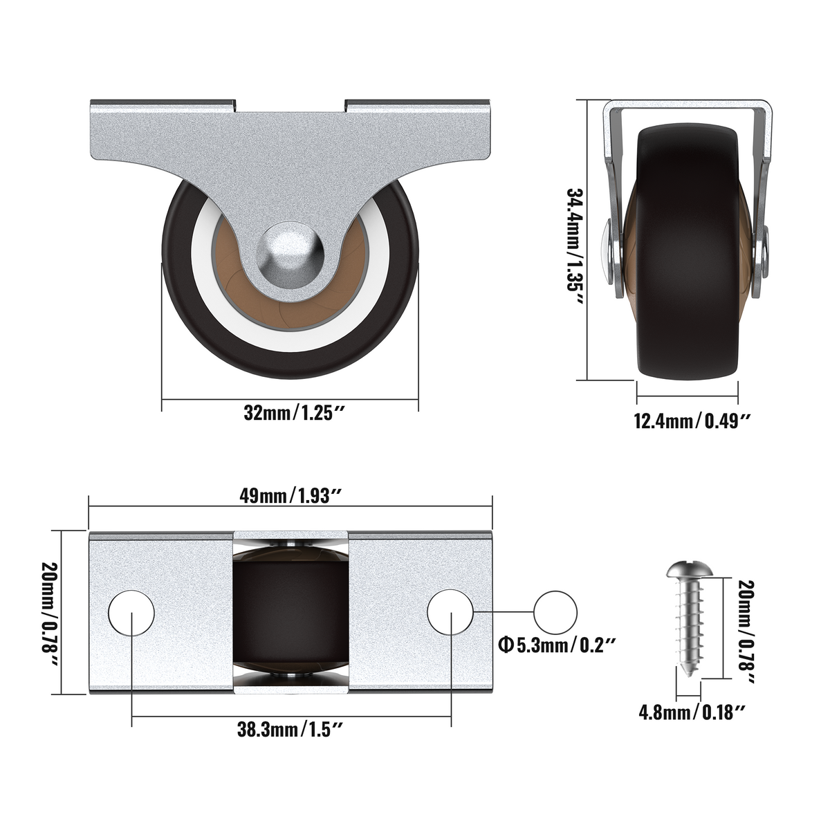 Dimension drawing of 1.25 in rigid fixed caster