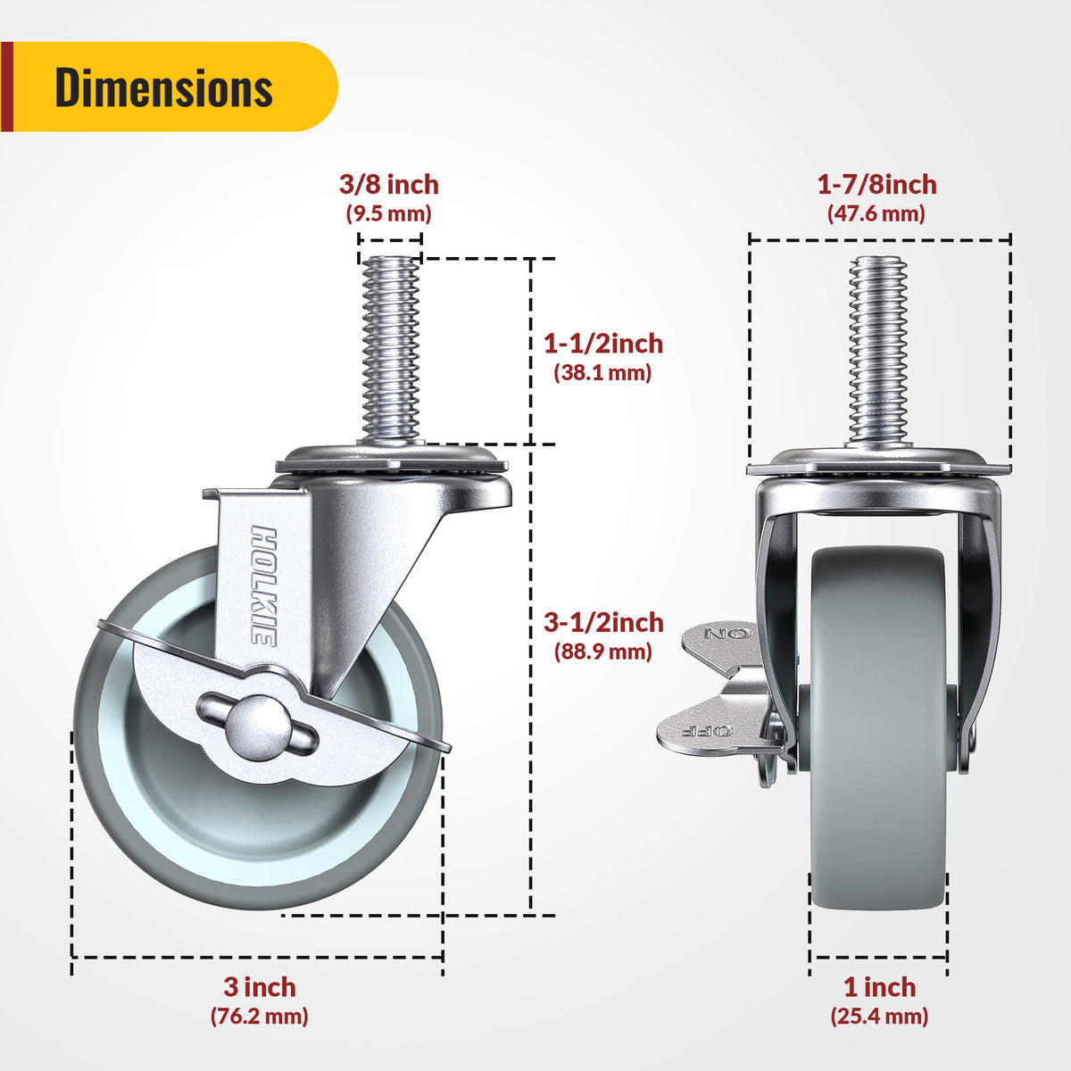 Gray Stem caster dimension showings: 3 inch wheel diameter, 1.5" stem length, and side brake lever position - Holkie