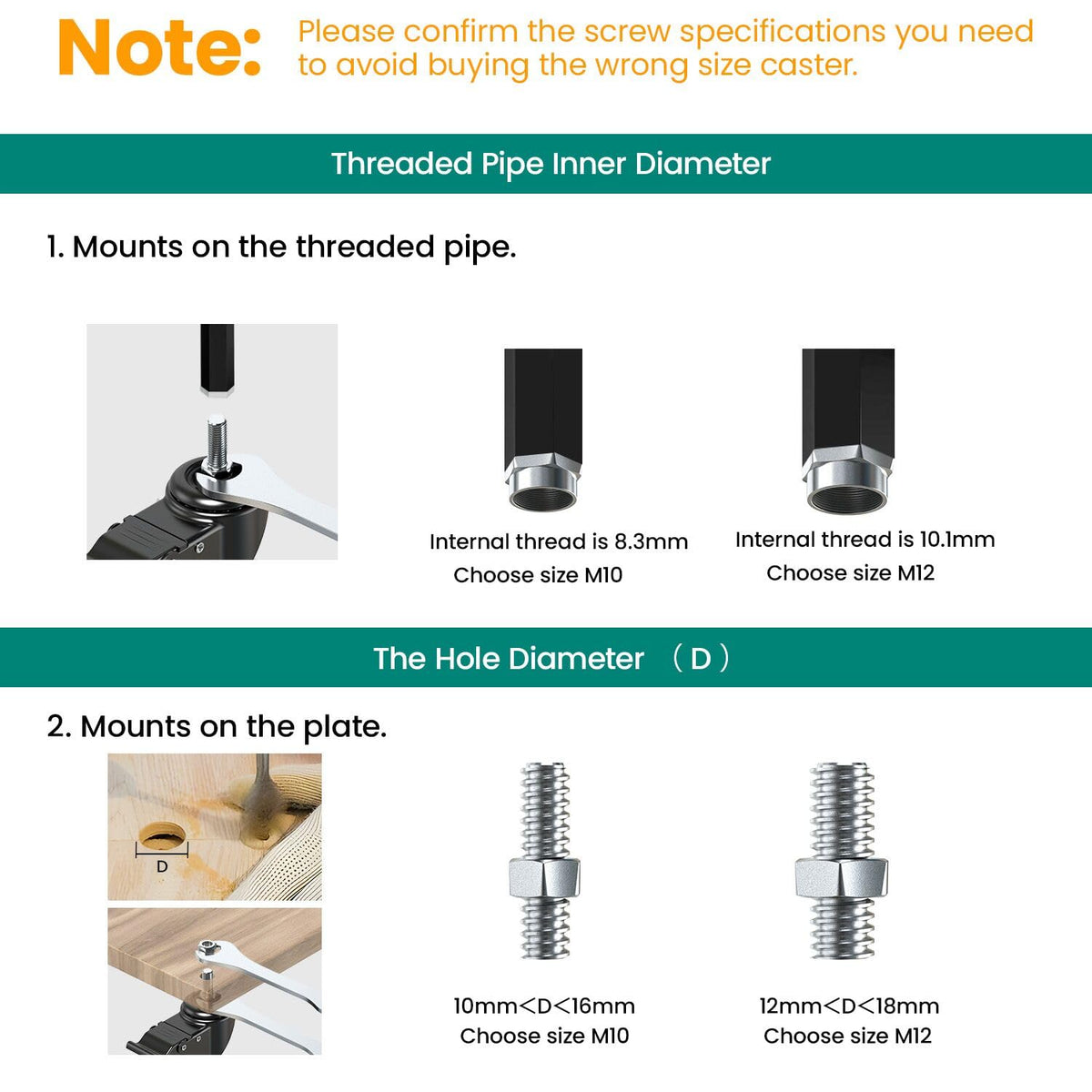 Size selection guide for M10 and M12 stem casters, diagram showing threaded pipe inner diameter (8.3mm/10.1mm) and mounting plate hole diameter (10-16mm/12-18mm) reference