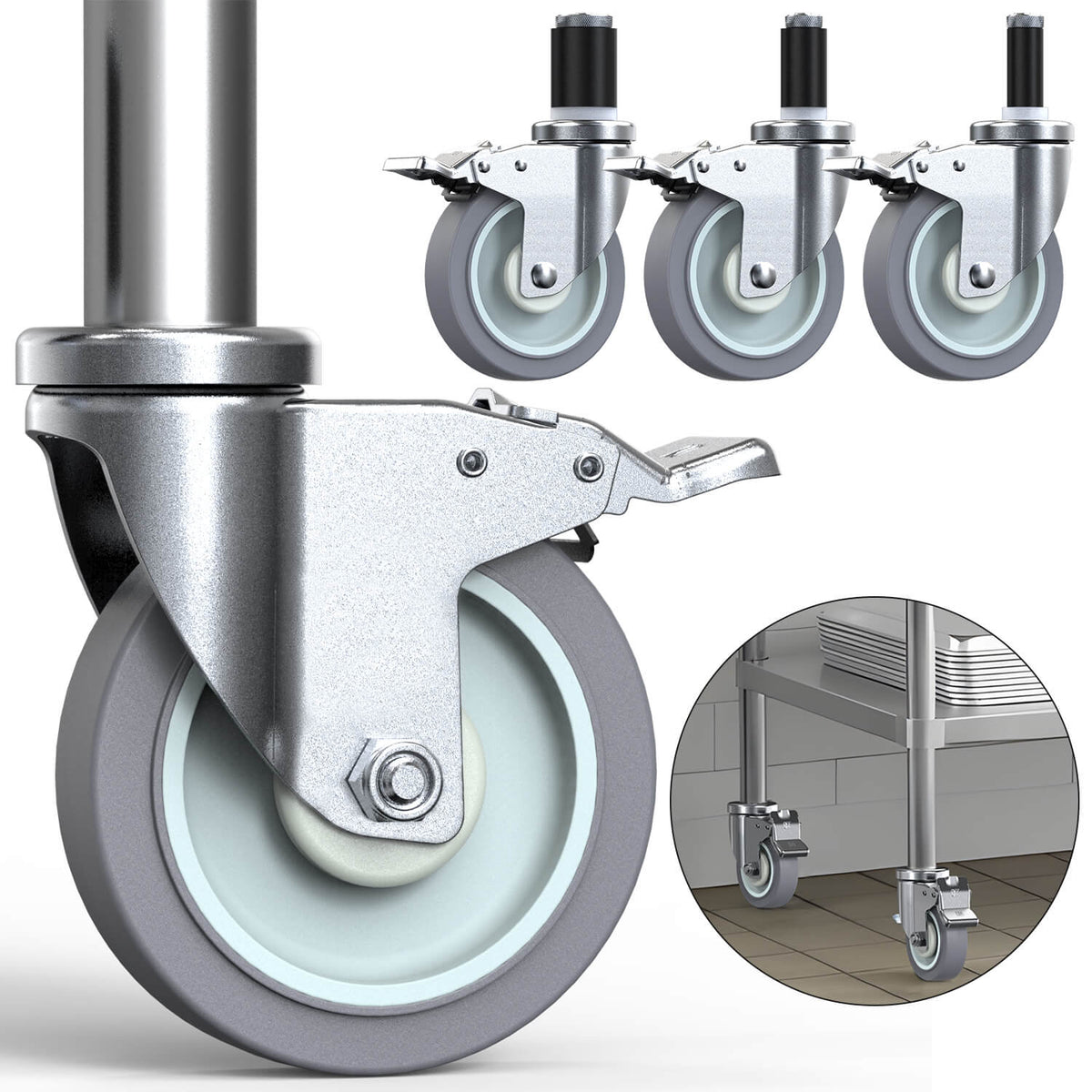 5-inch adjustable expanding stem caster with total brake, heavy-duty swivel caster wheel - Holkie