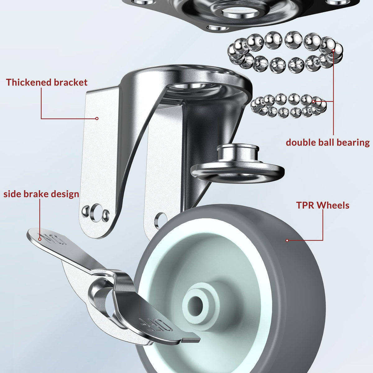 Structure drawing of 3-in plate casters gray with side brake with 4 key contents (thickened bracket, double ball bearing, TPR wheel and side brake design)