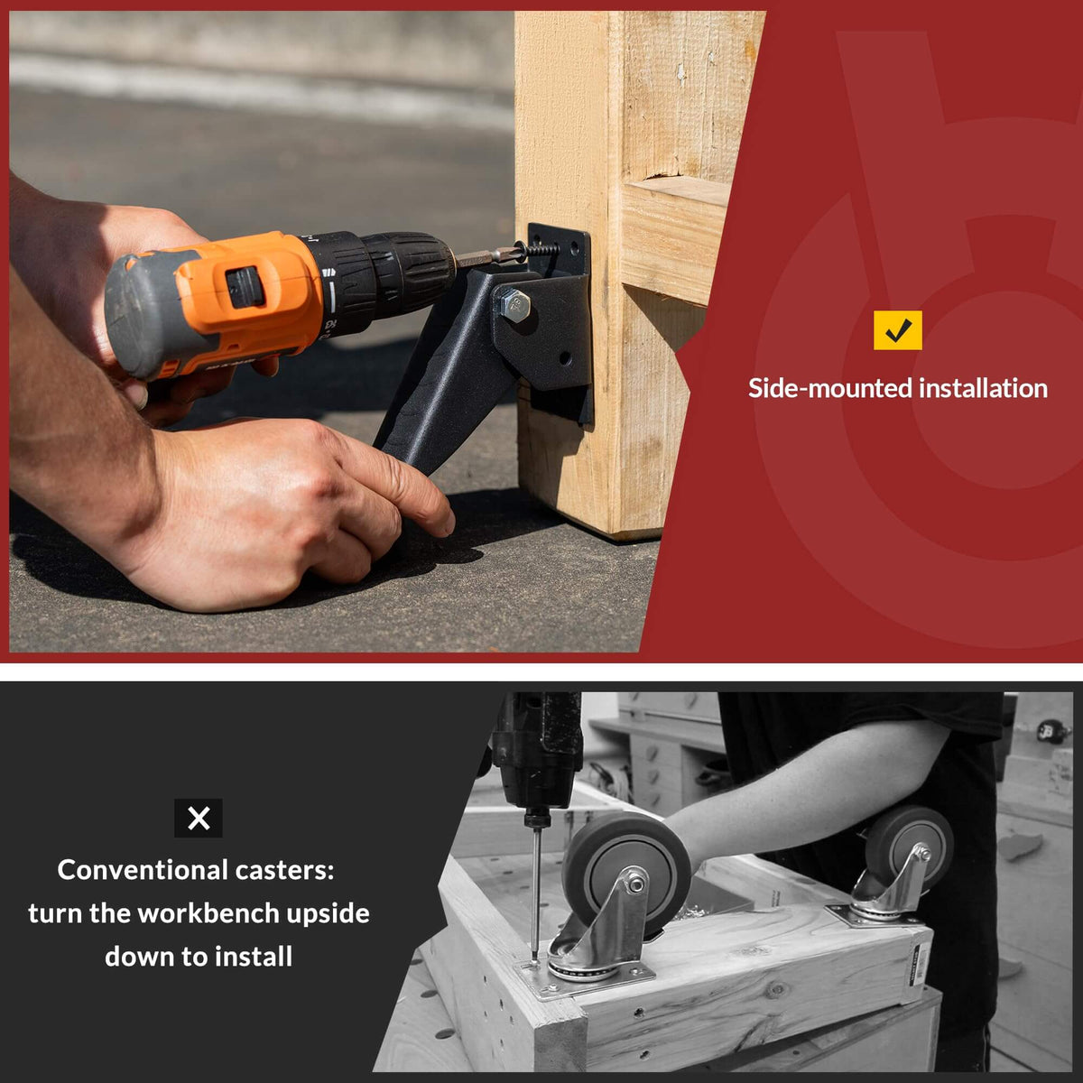 Comparison diagram showing HOLKIE retractable casters side-mount installation, no need to flip workbench unlike traditional casters