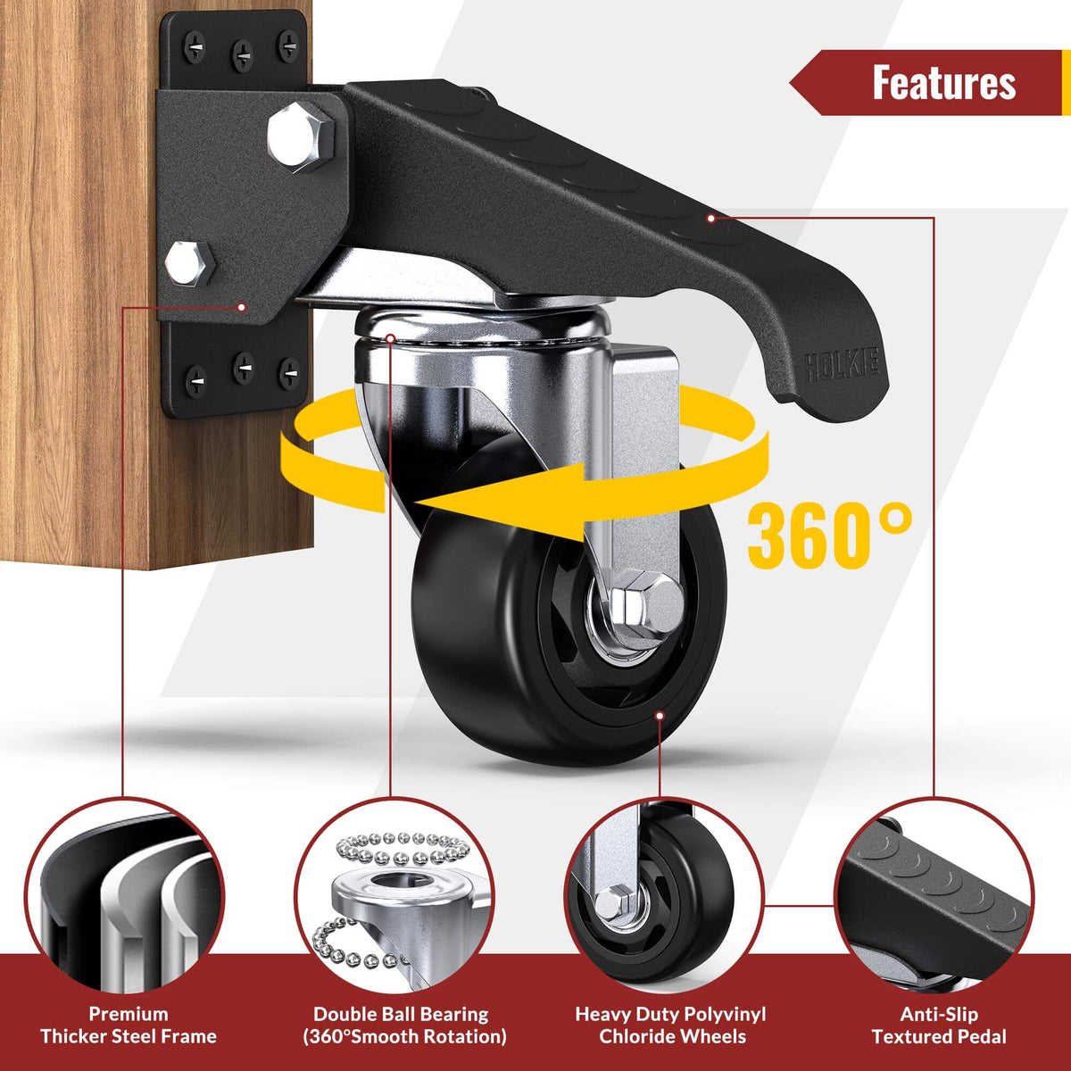 3 in retractable casters with lifting and lowering function have four key features including premium thicker steel frame, double ball bearing (360-degree smooth rotation), heavy-duty polyvinyl chloride wheels and anti-slip textured pedal