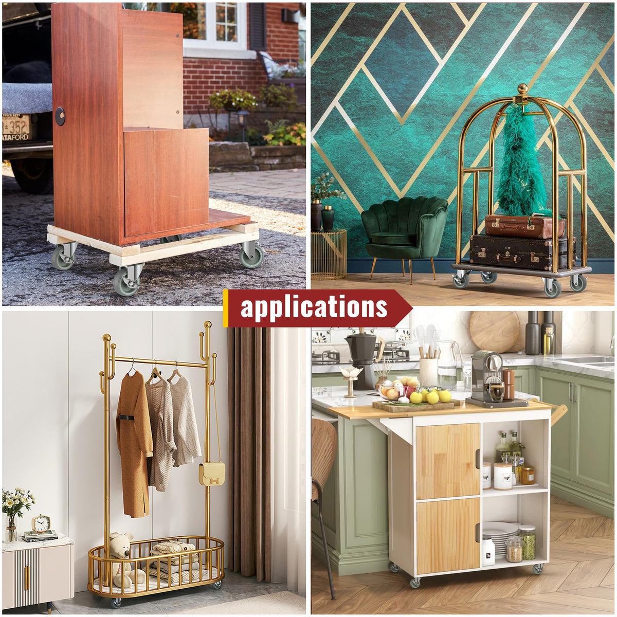 Four photo collage showing multiple furniture application scenarios, fitted with 3 inch gray plate swivel casters with side brake, ideal for cabinet, clothes rack, luggage cart and wooden furniture