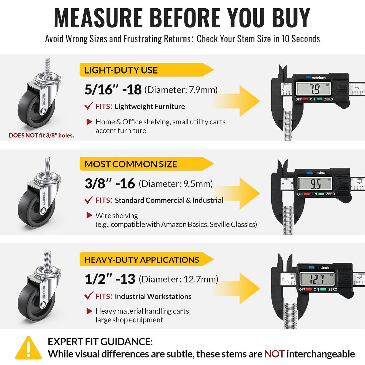 An informational comparison chart titled 'MEASURE BEFORE YOU BUY' showing three different industrial stem sizes (5/16"-18, 3/8"-16, and 1/2"-13) with corresponding calipers and wheel assemblies. Each section includes text detailing the stem's diameter, its typical use cases (light-duty furniture, standard commercial/shelving, and heavy-duty workstations), and compatibility notes.