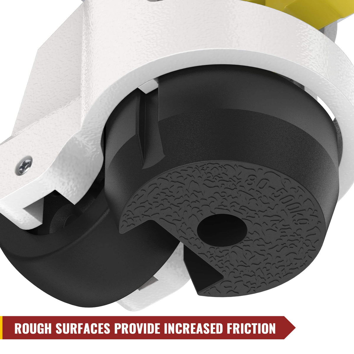 Close-up render of leveling caster foot pad, textured rough contact surface for higher friction, HOLKIE TD60 industrial leveling caster wheels