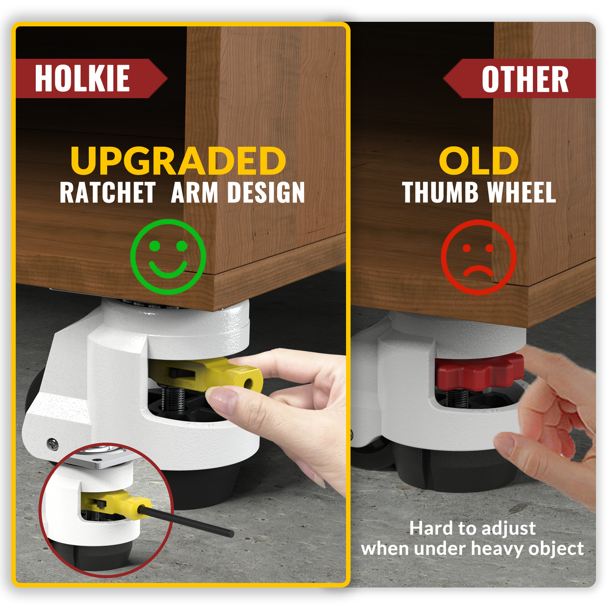 Side-by-side comparison diagram of caster design, HOLKIE upgraded ratchet arm design vs old thumb wheel type, showing easier adjustment under heavy load