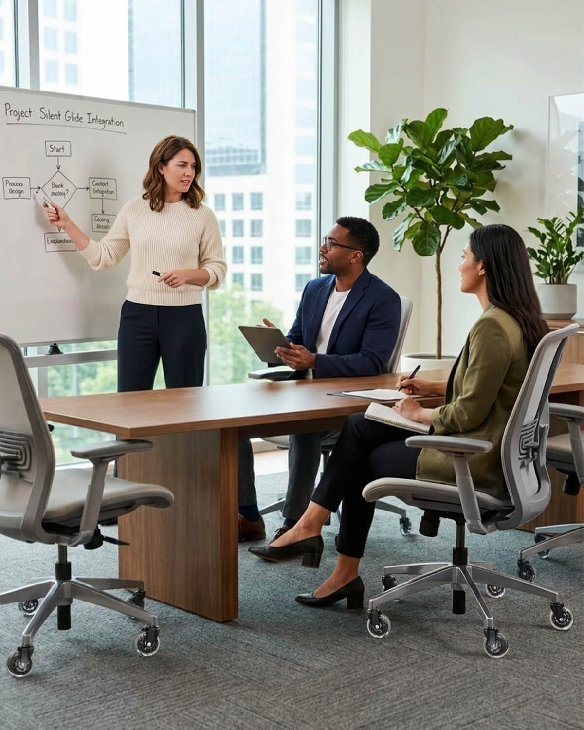 Office meeting room scene, office chairs equipped with HOLKIE 3 inch office chair clear casters, people working around conference table