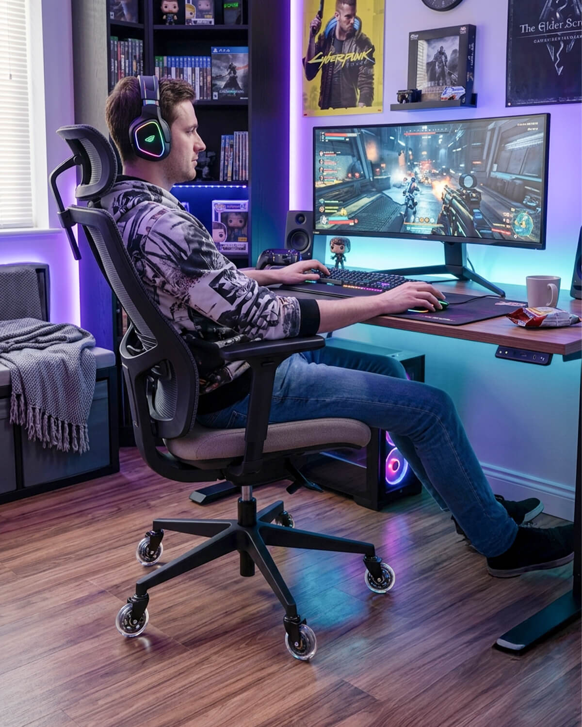 Gaming room scene, man playing game on gaming chair fitted with HOLKIE 3 inch office chair clear casters