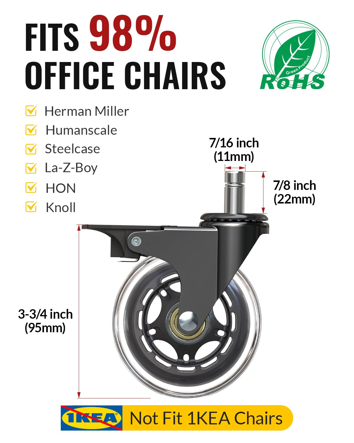 Office chair caster wheels 3‑3/4 inch , 7/16‑inch stem fit 98% office chairs, replacement casters compatible with Herman Miller, Steelcase, Knoll, not for IKEA chairs, RoHS certified