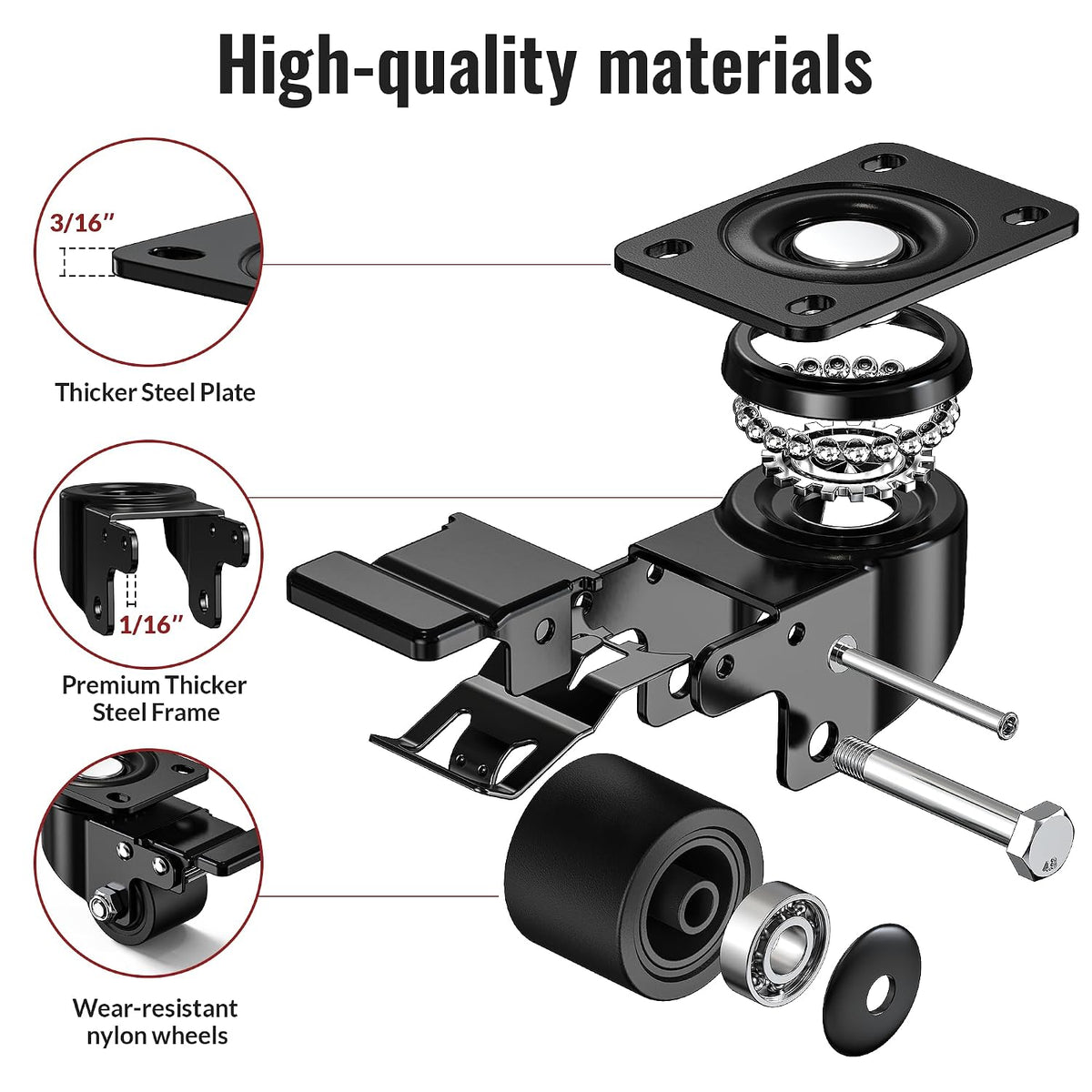 High-quality materials diagram of heavy-duty low-profile total-lock plate caster showing three key components, including thicker steel plate, Premium thicker steel frame and wear-resistant nylon wheels