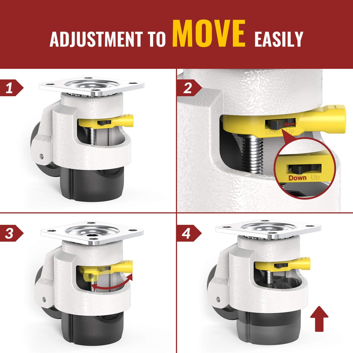 TD100 plate‑mount leveling caster, four‑step illustration demonstrating ratchet‑arm adjustment to switch into move‑ready mobile mode
