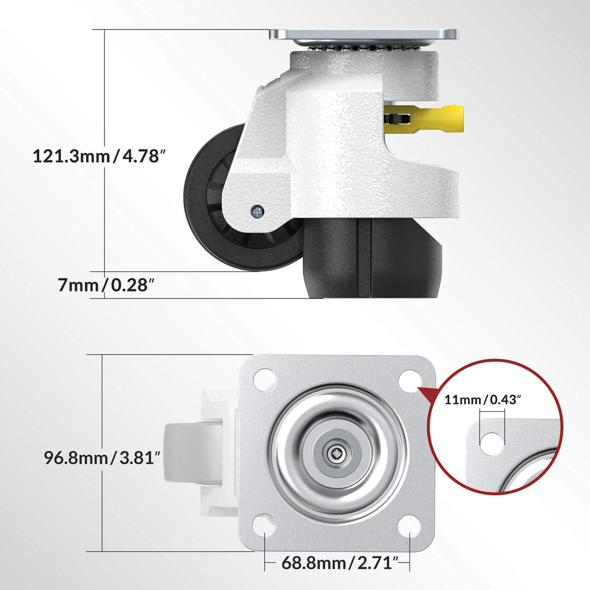Dimension drawing of leveling casters 100 plate mount