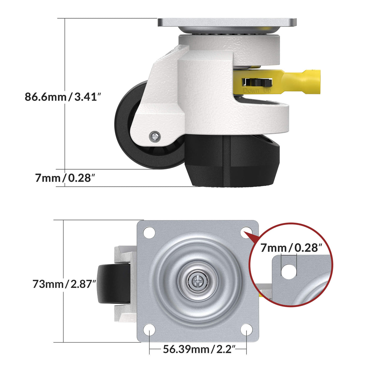 Dimension drawing of set of industrial leveling caster wheels TD60