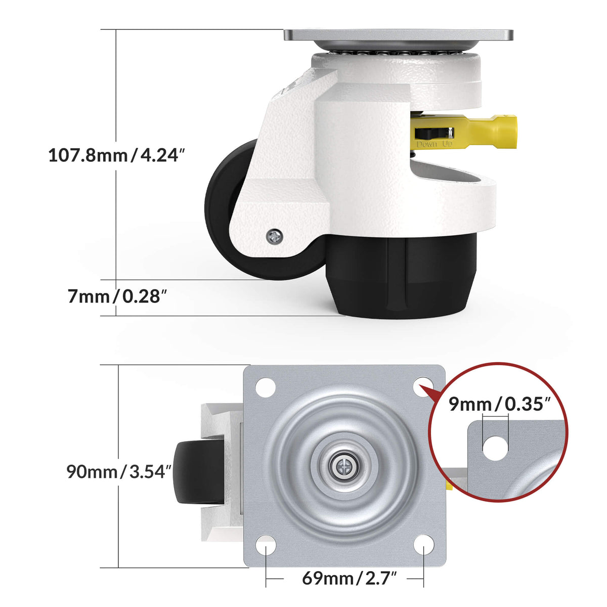 Dimension drawing of set of industrial leveling caster wheels TD80