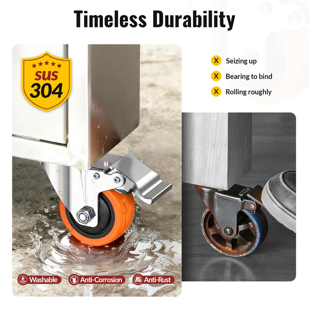 HOLKIE 3-inch 304 stainless steel casters with timeless durability, washable, anti-corrosive and anti-rust performance, prevent seizing up, bearing to bind and rolling roughly