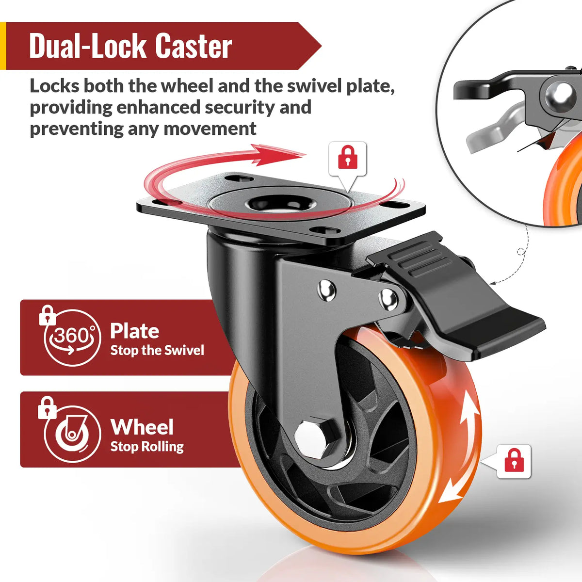 Plate Casters Orange with Brake
