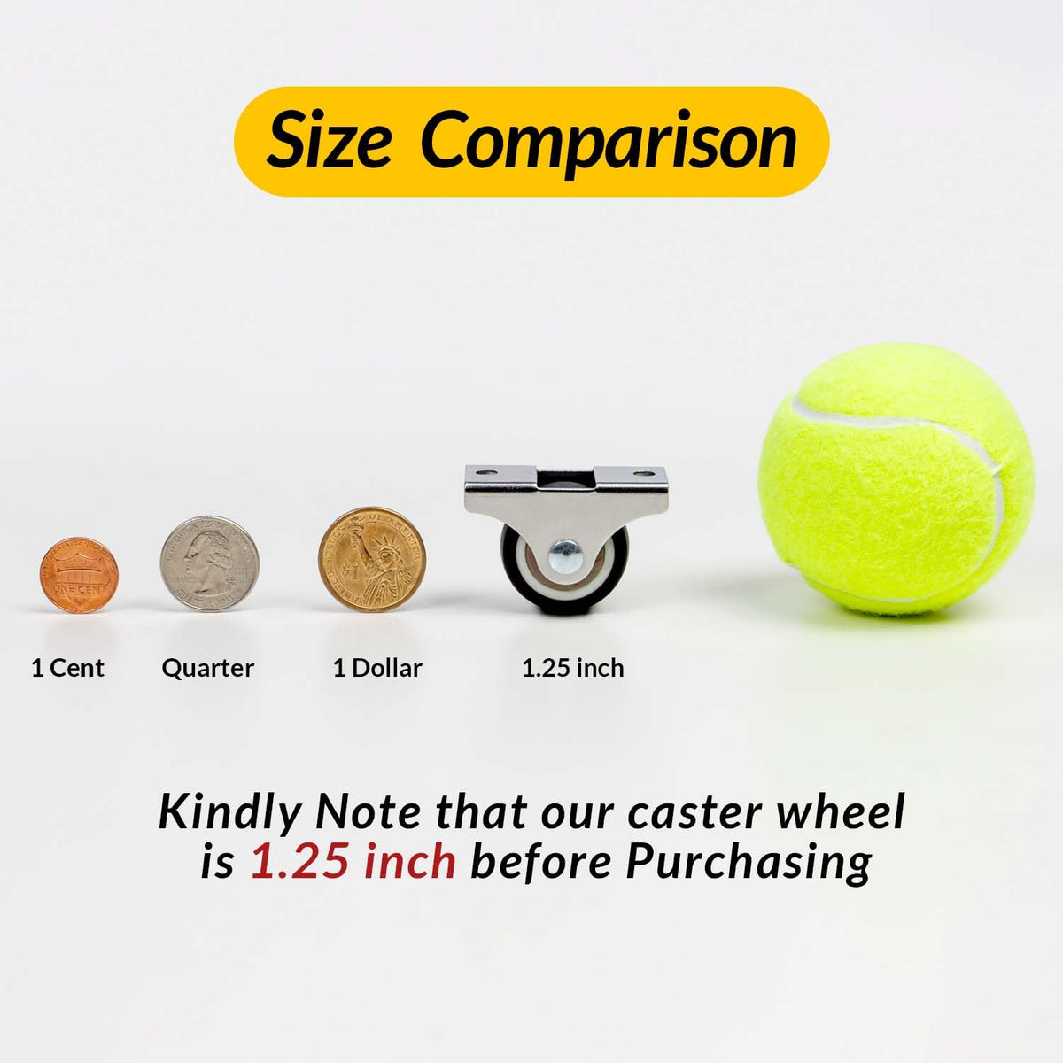 Size comparison graphic: 1.25‑inch caster wheel compared with US coins and tennis ball for scale