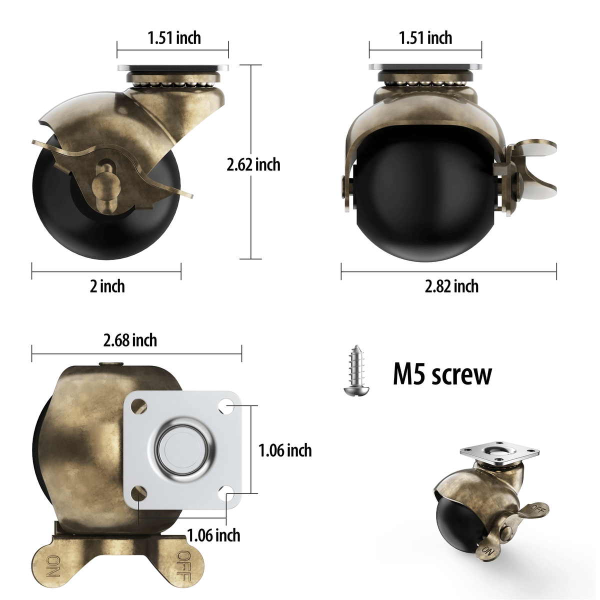 Dimension drawing of antique brass ball casters with side brake