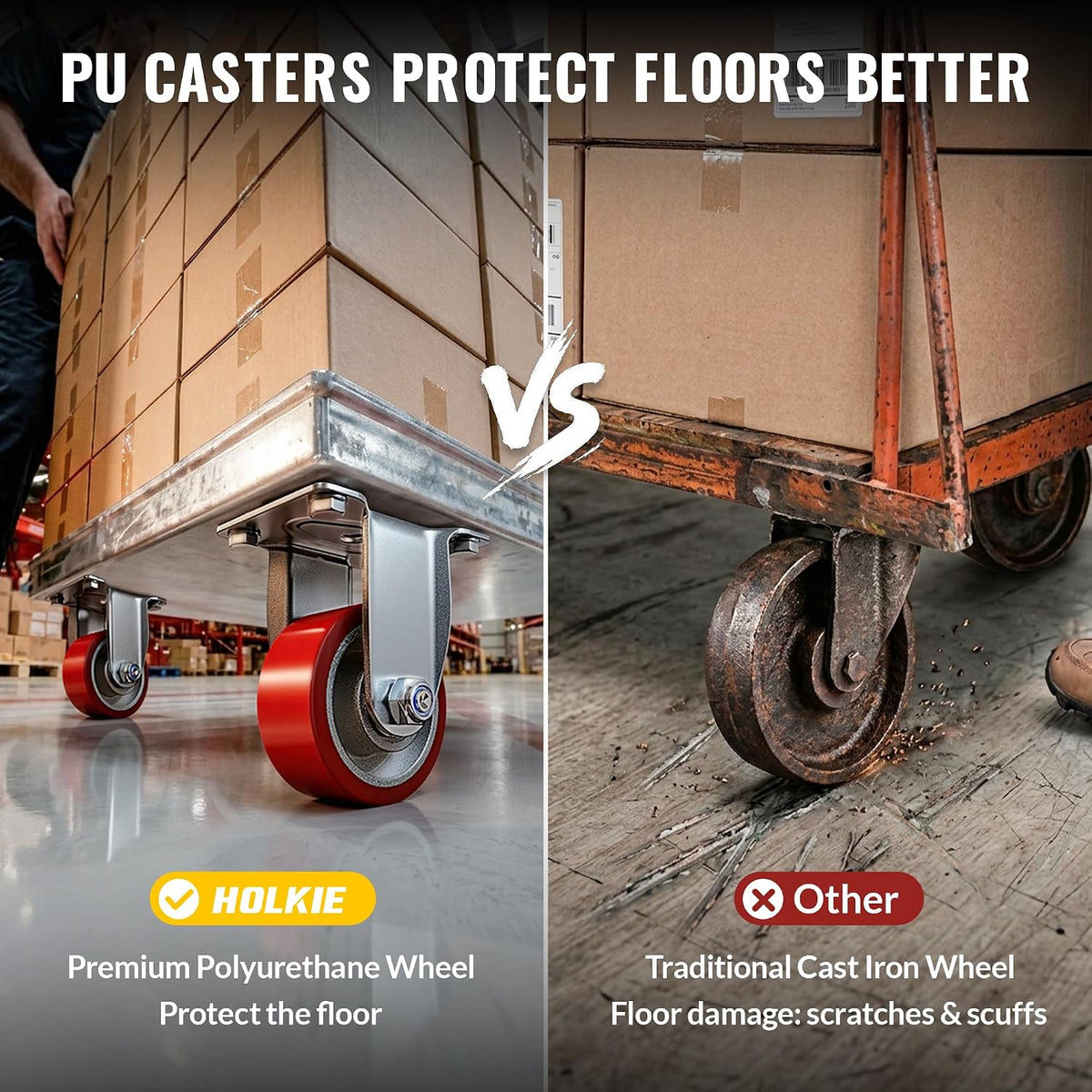 Side-by-side comprasion: HOLKIE 3 inch heavy-duty PU plate casters VS cast iron wheel for floor protection
