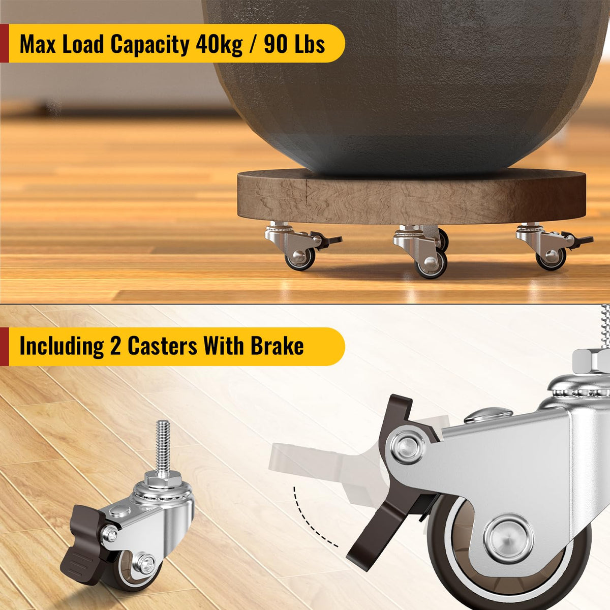 1-inch stem casters (2 locked + 2 free) maintaining stability under 90lbs dynamic load