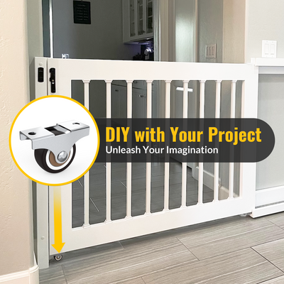 Application graphic: white safety gate fitted with HOLKIE 1.25‑inch rigid fixed caster