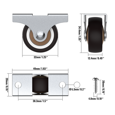 Dimension drawing of 1.25 in rigid fixed caster
