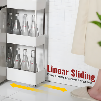 Product usage graphic: white slim‑gap storage cart fitted with HOLKIE 1.25‑inch rigid fixed casters, helping create a neatly organized living space
