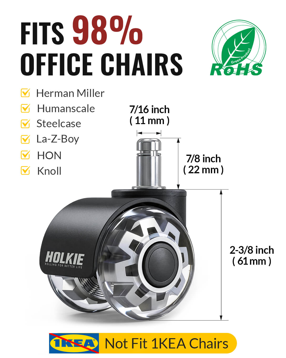 2‑inch grey office chair caster wheels infographic, 11×22mm stem, fits 98% office chairs, not compatible with IKEA chairs, RoHS certified