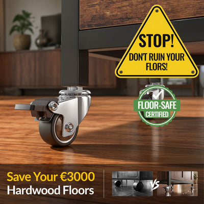 Promotional graphic of furniture casters on hardwood floor with warning sign and floor‑safe certified badge, featuring HOLKIE 1.5‑inch threaded stem furniture casters with stem size M8‑1.25 × 20 mm, designed to protect hardwood floors