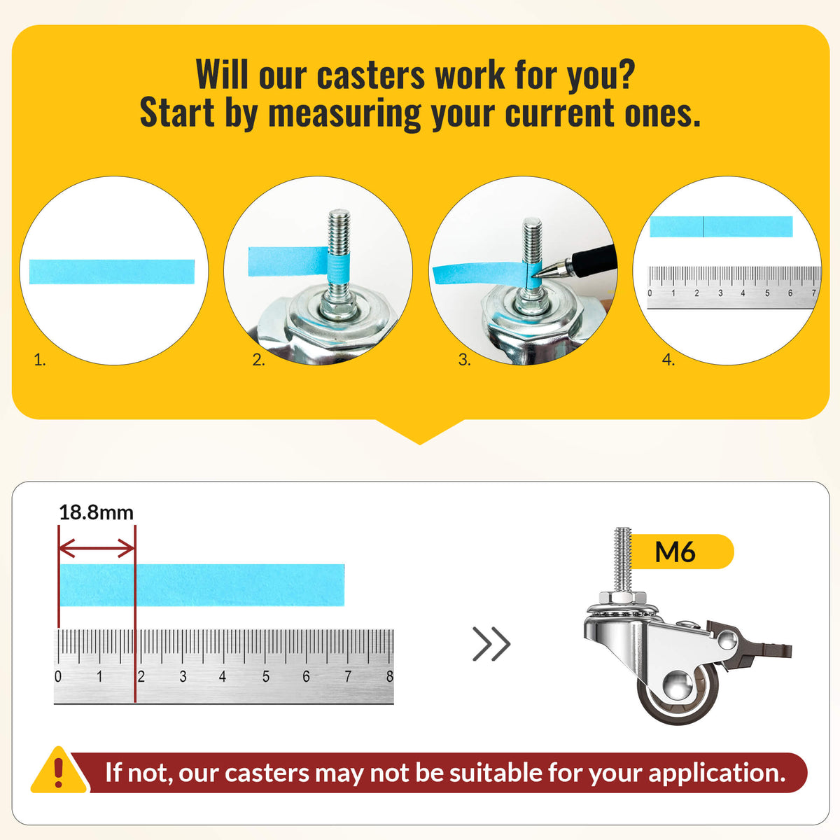 Infographic showing steps to measure thread size for compatibility with HOLKIE 1‑inch threaded stem furniture casters, with M6 threaded stem as reference