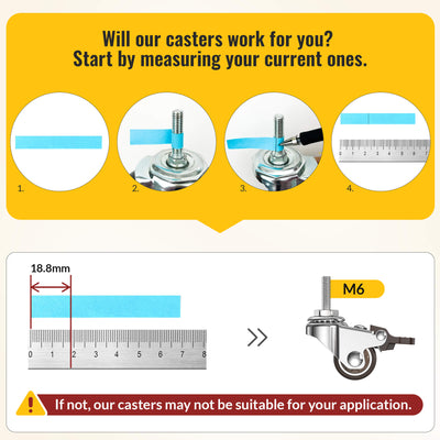 Infographic showing steps to measure thread size for compatibility with HOLKIE 1‑inch threaded stem furniture casters, with M6 threaded stem as reference