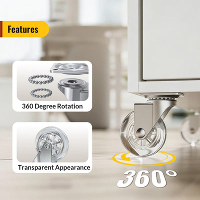 Close-up of 2-inch transparent polyurethane wheel on furniture plate caster - Holkie