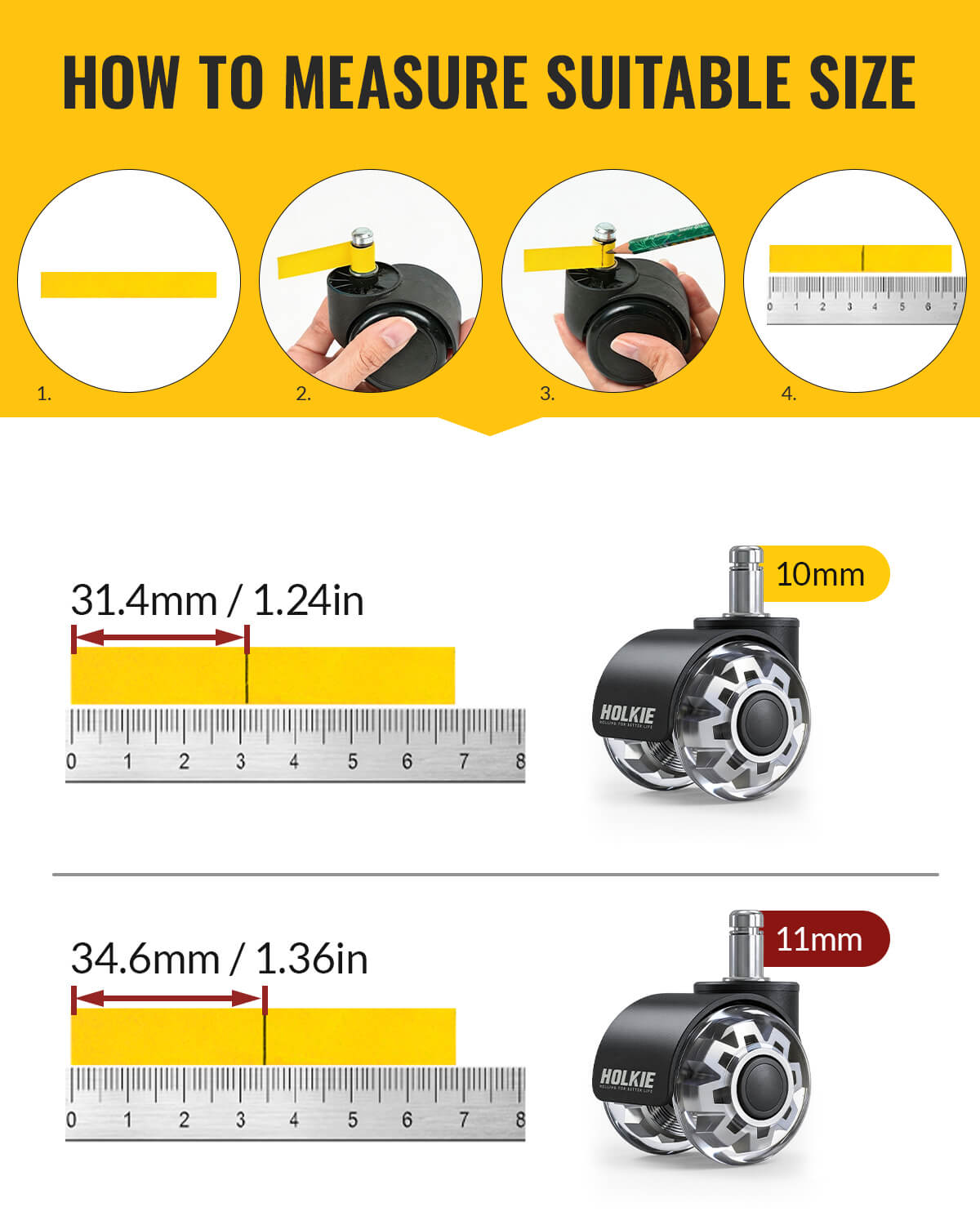 Instruction infographic: how to measure stem diameter for office chair caster wheels, size comparison guide
