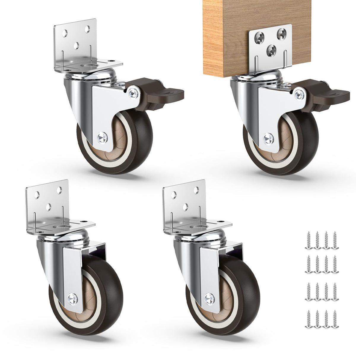 Set of four 2 inch L-shaped swivel caster for furniture, two with brakes and two without, includes mounting screws
