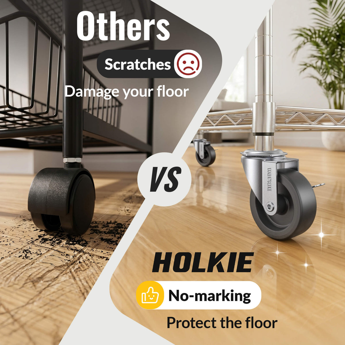 3 inch stem caster with side brake 
 smoothly across multiple floor types (hardwood, tile, cement) and rotate 360 degrees - Holkie