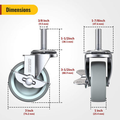 Gray Stem caster dimension showings: 3 inch wheel diameter, 1.5" stem length, and side brake lever position - Holkie