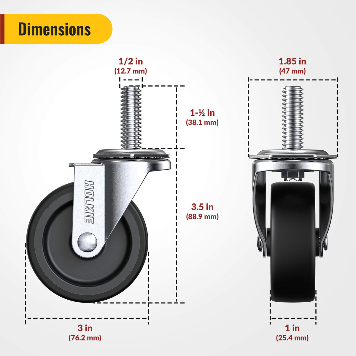 Stem caster dimensions showings 3 inch wheel diameter, 1/2" stem width, 1.5" stem length, and no brake lever position, black