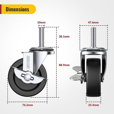 Stem caster dimensions showings 3 inch wheel diameter, 10 mm stem width, 30 mm stem length, and side brake lever position