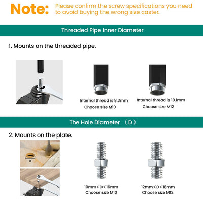 Size selection guide for M10 and M12 stem casters, diagram showing threaded pipe inner diameter (8.3mm/10.1mm) and mounting plate hole diameter (10-16mm/12-18mm) reference