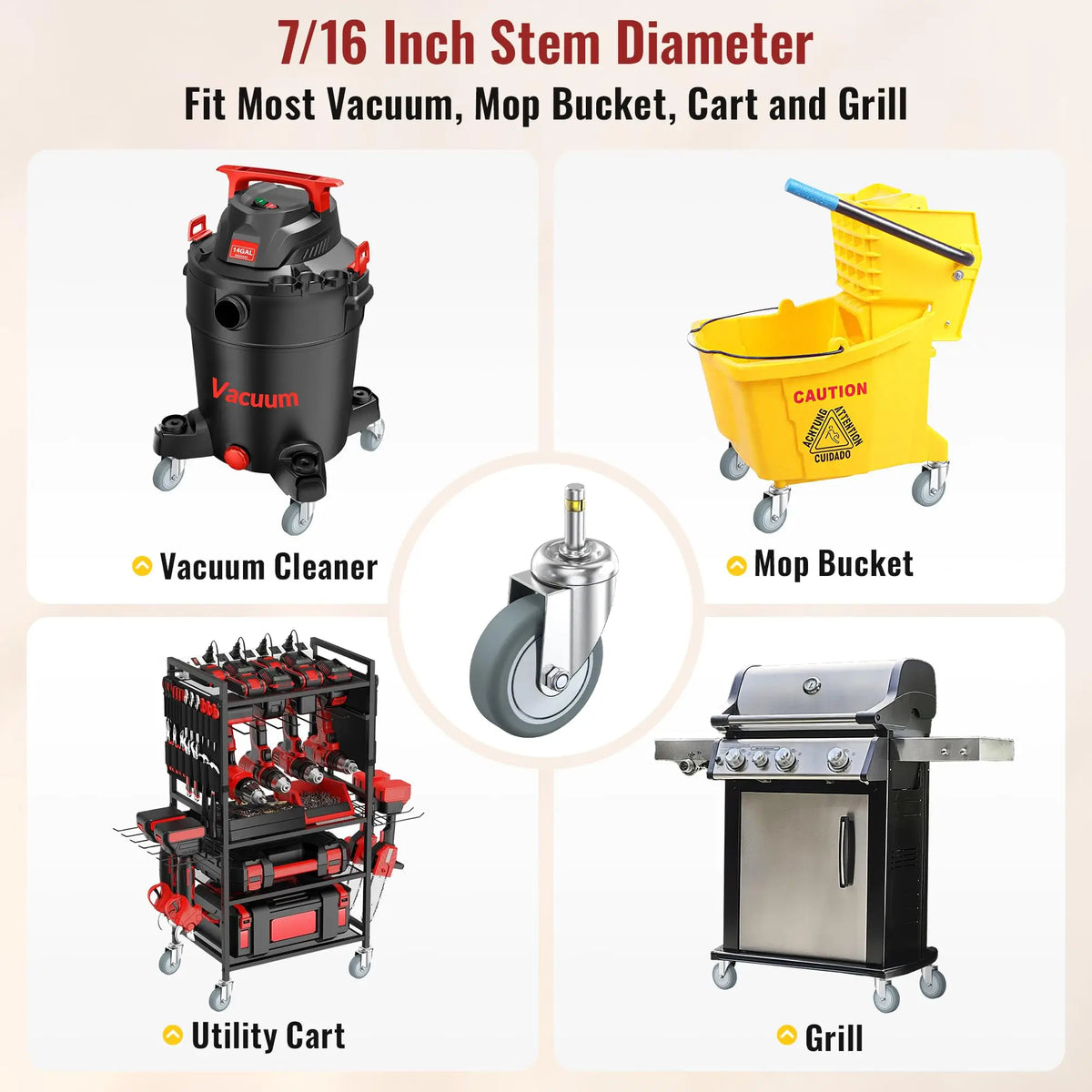 Vacuum cleaner, mop bucket, utility cart, and grill with a 3" grip ring caster no brake, 7/16 inch stem diameter feature.