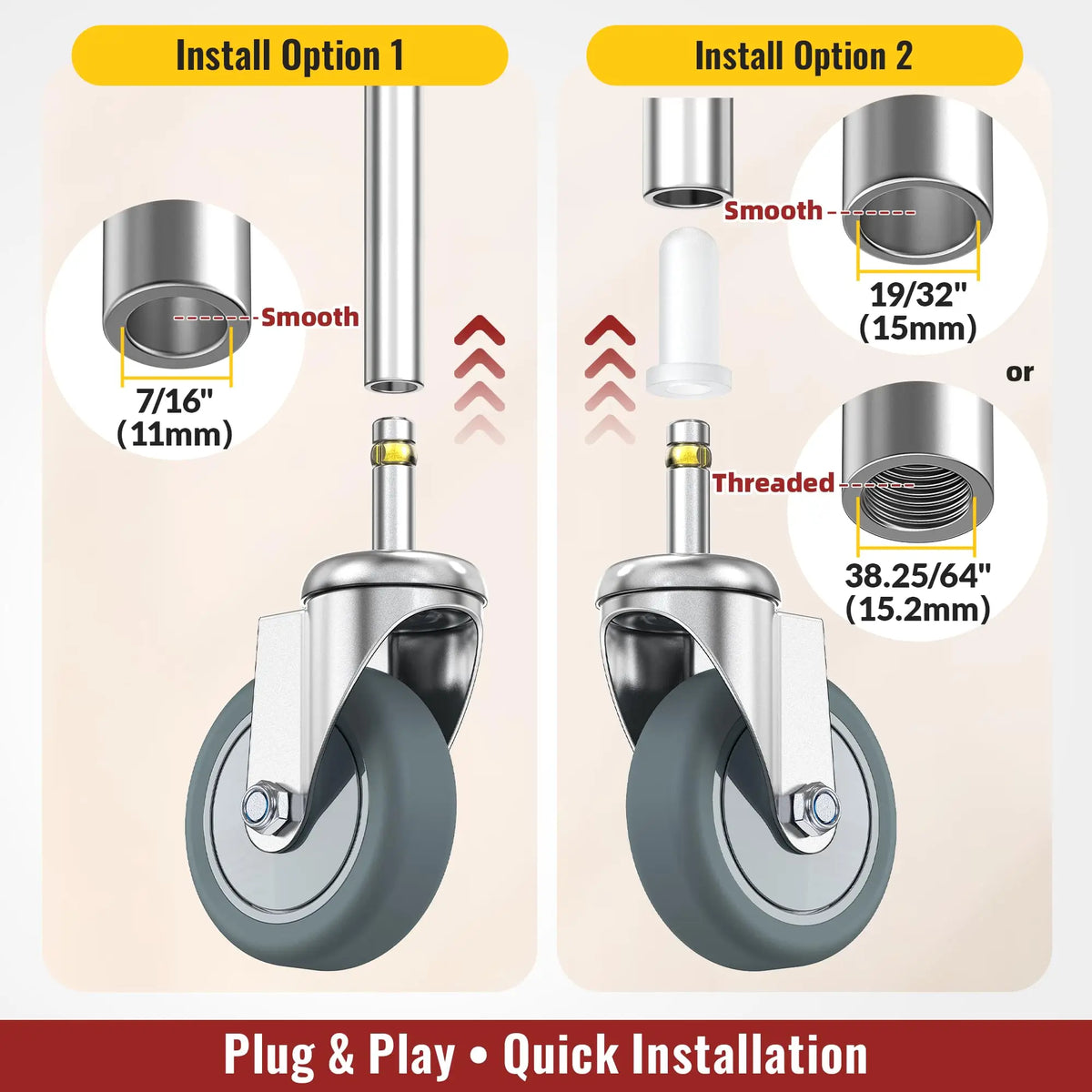 Two installation options for 3" grip ring stem caster wheels no brake with measurements.