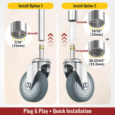 Two installation options for 3" grip ring stem caster wheels no brake with measurements.