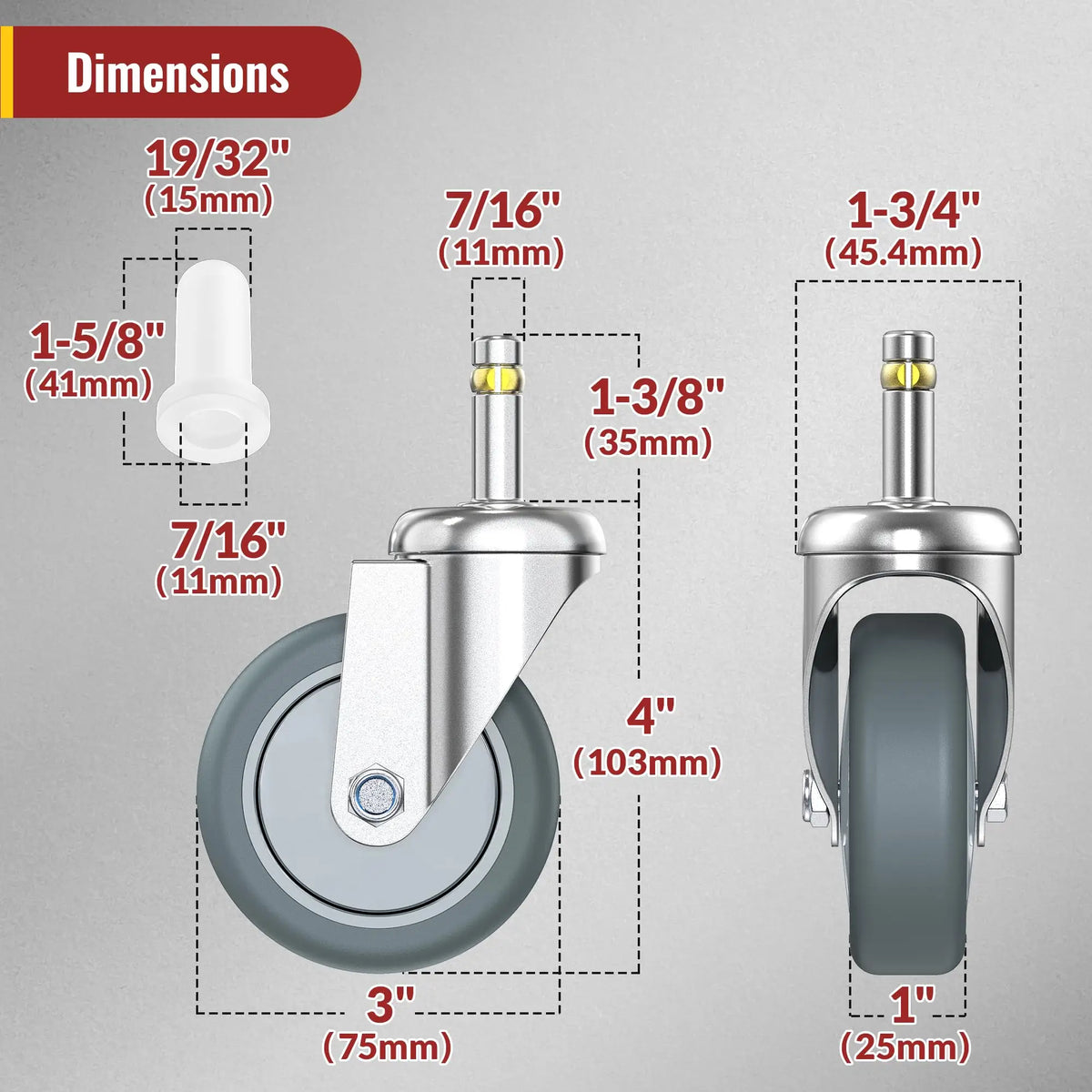 3 inch grip ring stem caster no brake, 7/16" threaded stem