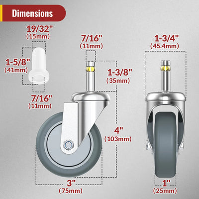 3 inch grip ring stem caster no brake, 7/16" threaded stem