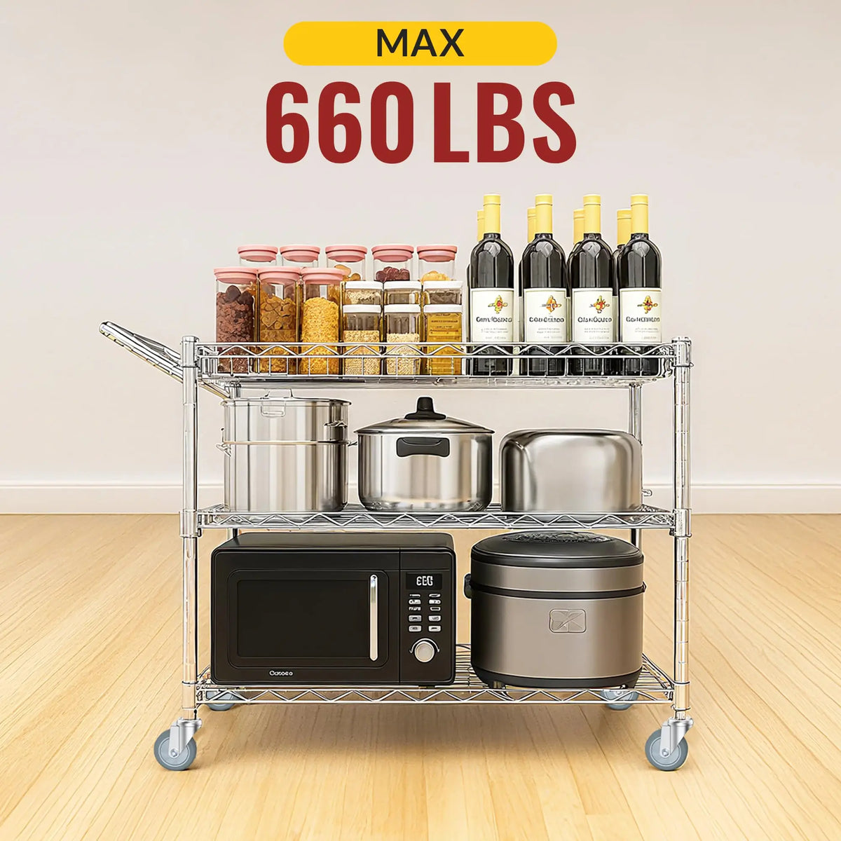 Metal kitchen cart with appliances and items on a wooden floor, featuring 660 lb  capacity, HOLKIE 3 inch grip ring stem caster no brake, set of 4.