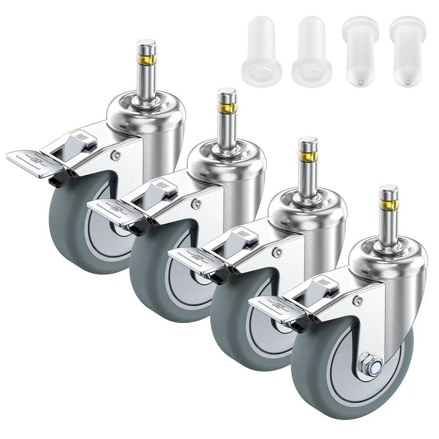 Set of 4, HOLKIE 3 inch grip ring stem caster wheels with top locking brake