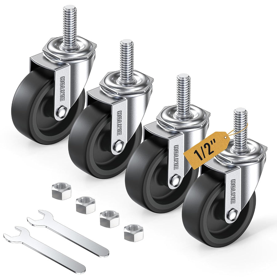 HOLKIE 3 inch stem caster wheels with 1/2" -13 x 1-1/2" threaded stem black no brake