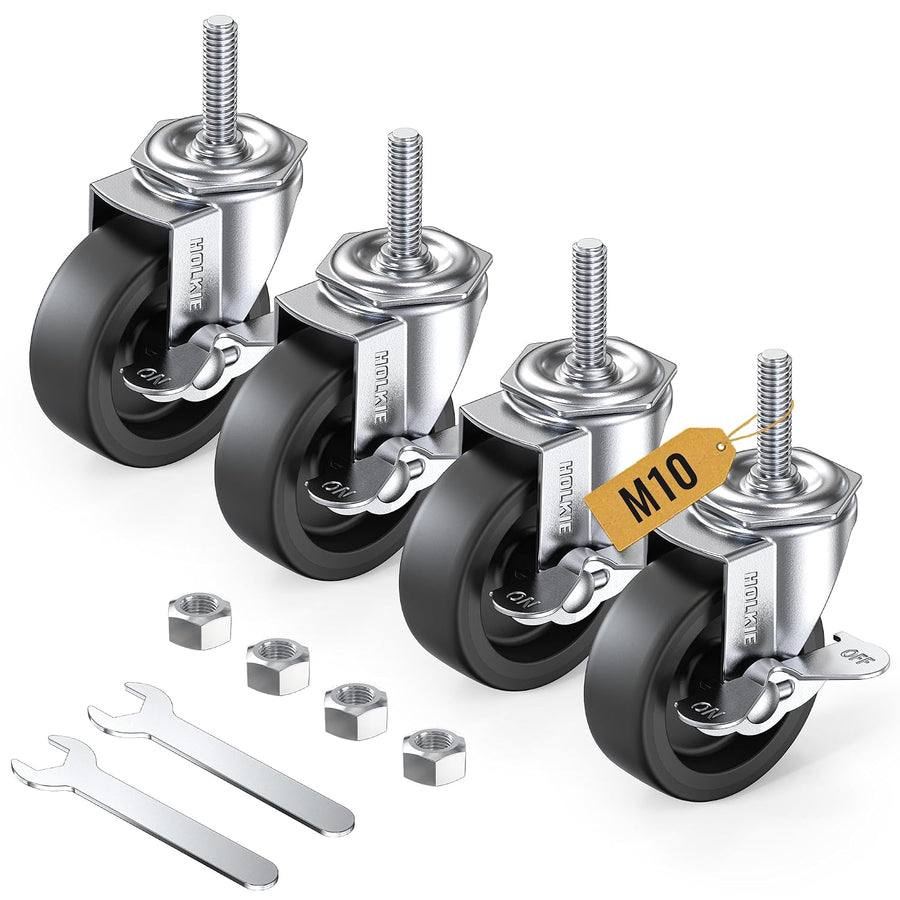 HOLKIE 3 inch stem caster wheels with M10 x 1.5 x 30mm threaded stem black