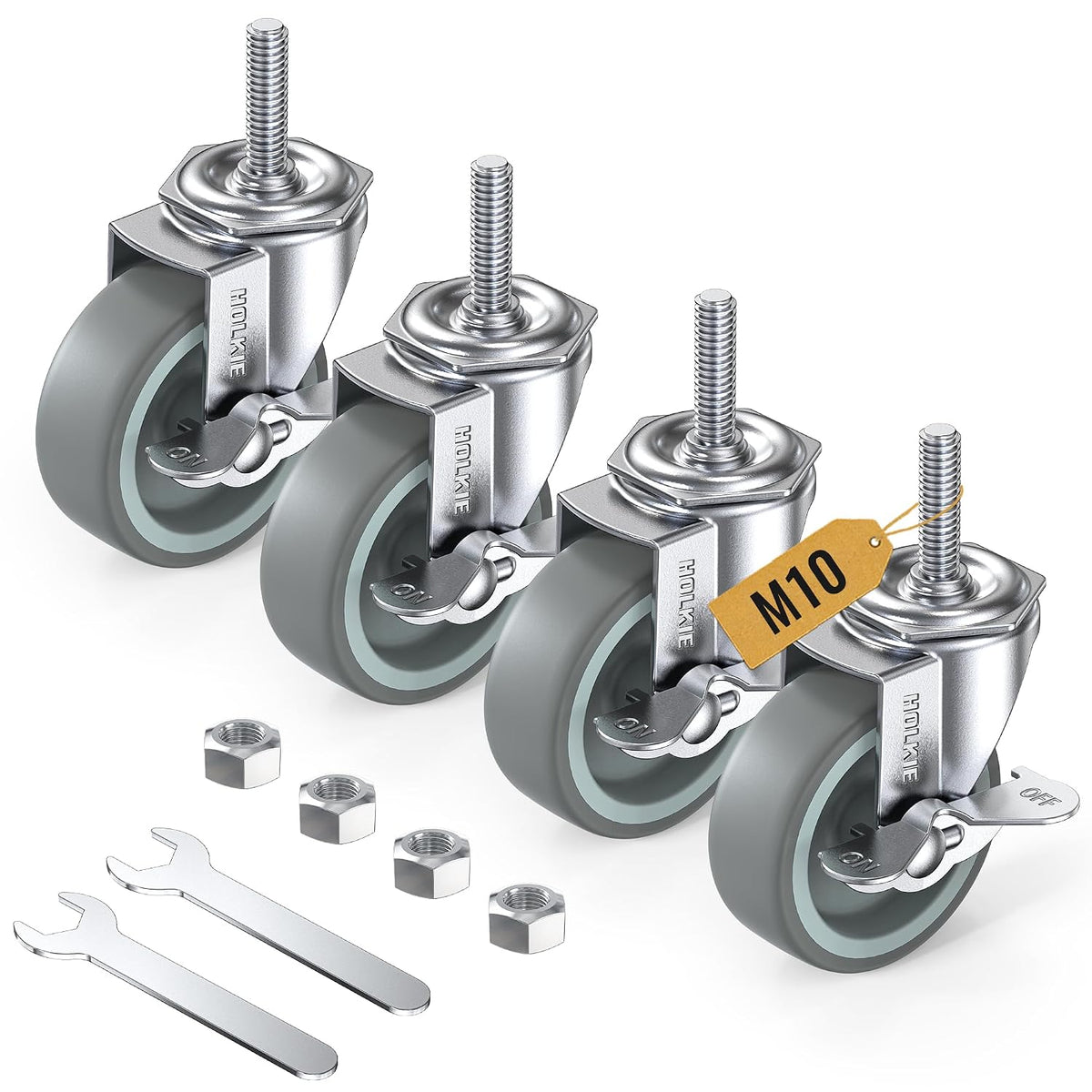 HOLKIE 3 inch stem caster wheels with M10 x 1.5 x 30mm threaded stem gray